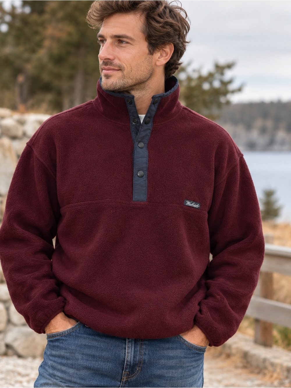 Vintage 90s Woolrich Polartec Fleece Pullover Men’s L Made in USA Burgundy Snap-